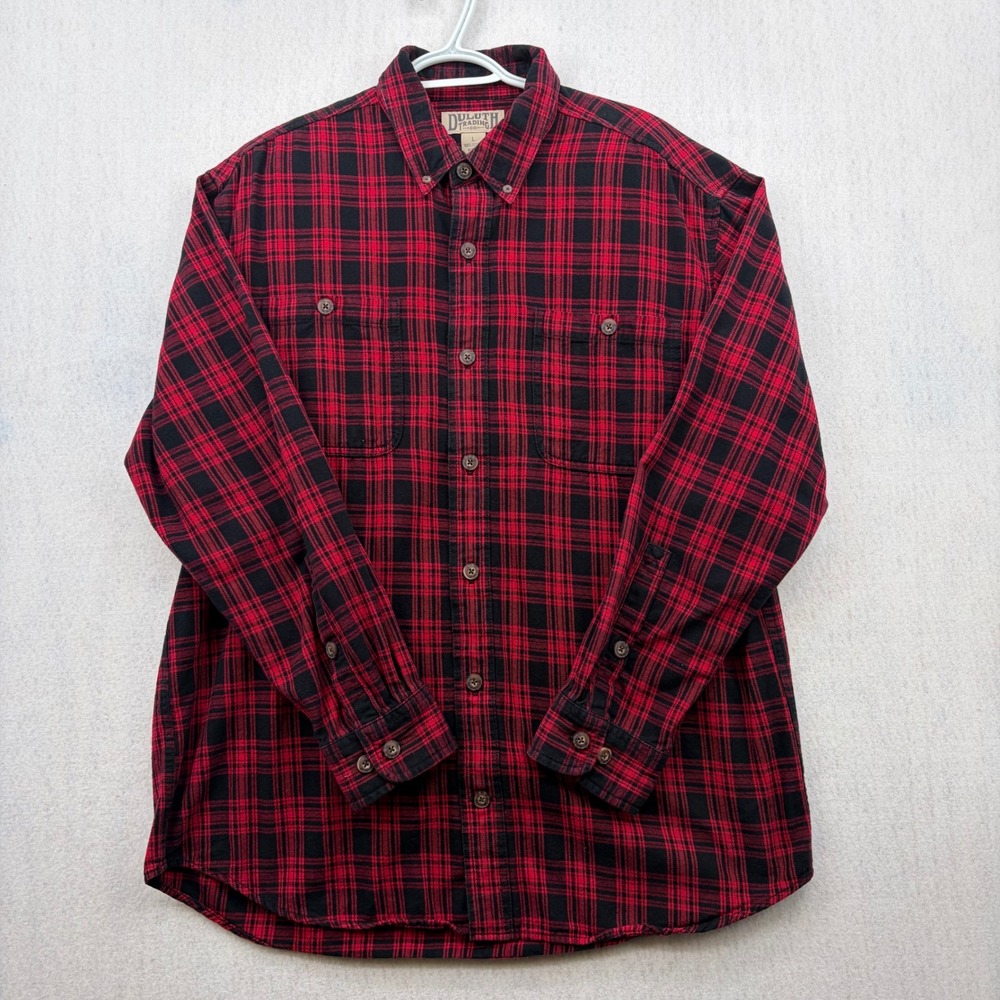 Duluth Trading Co Mens Large Red Black Plaid Flannel Button Down Shirt 52007